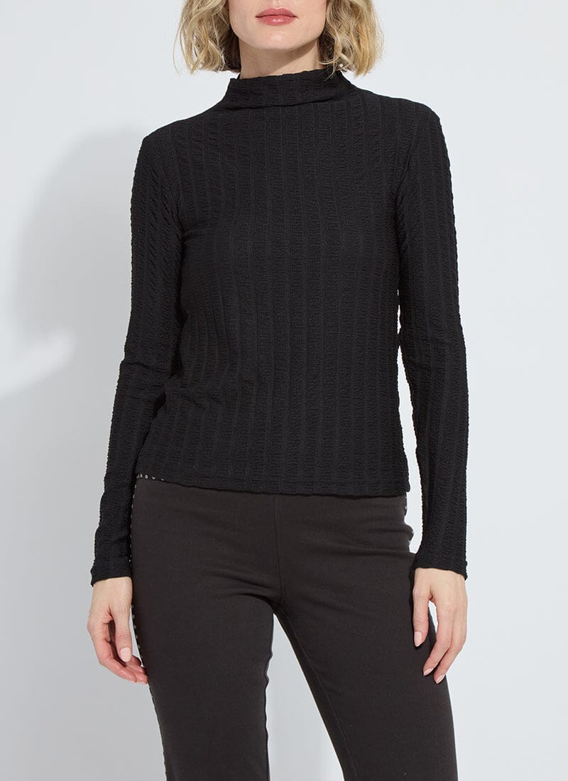 Isaura Funnel Neck Smocked Top in Black Vertical Texture