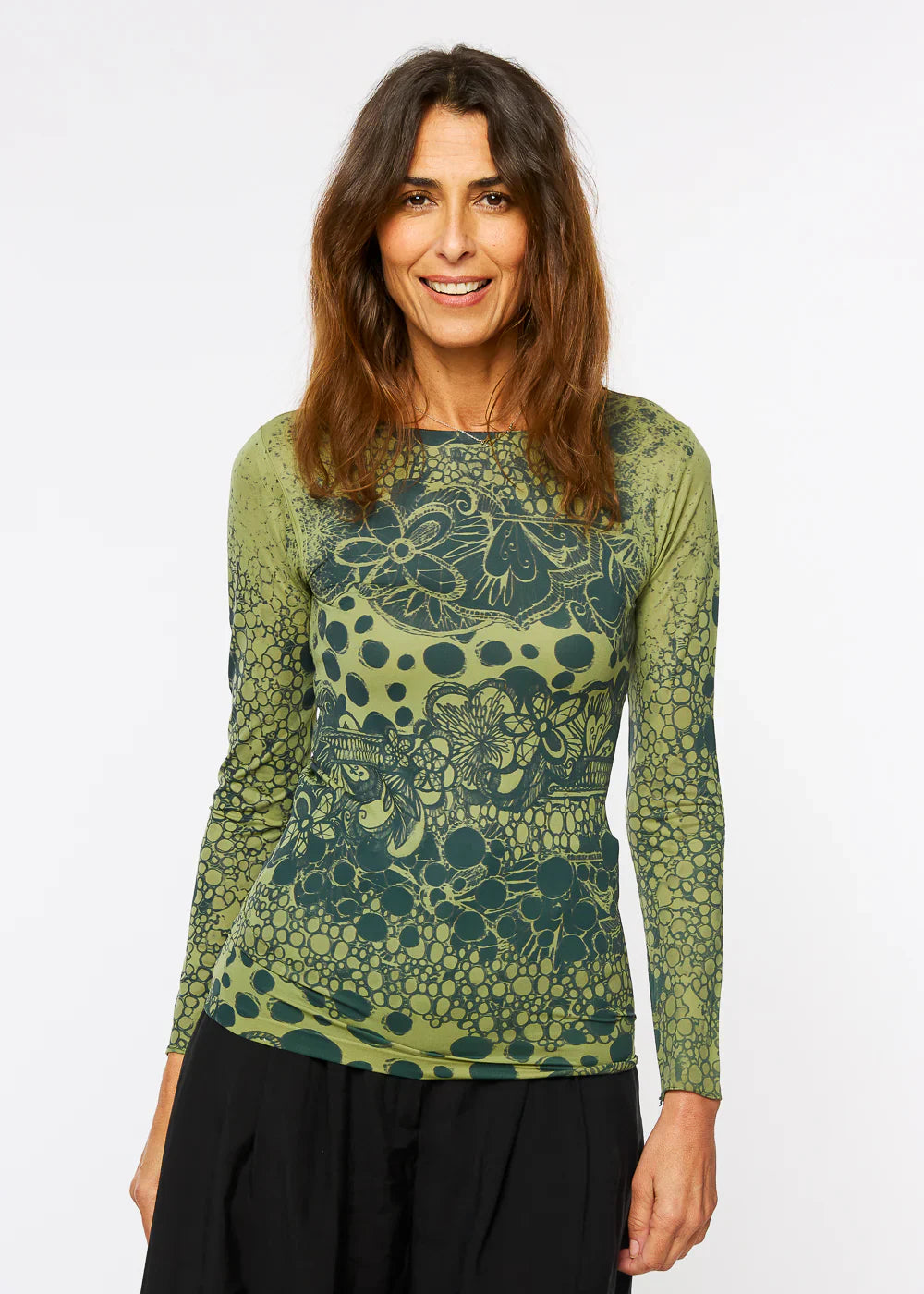 Spotted Garden Second Skin Raw Edge Top in Moss