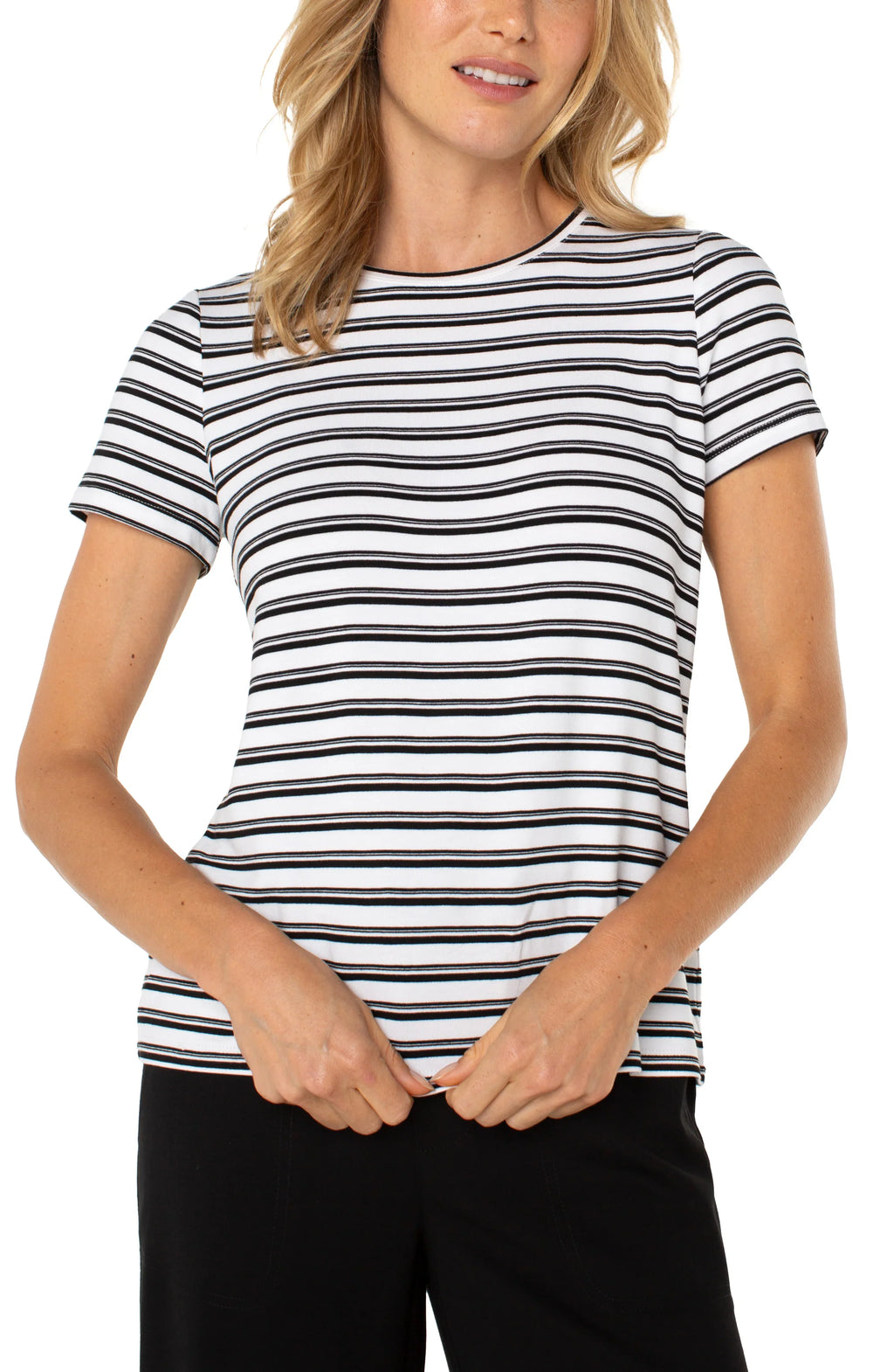 Short Sleeve Crew Knit Tee in White/Black Variegated Stripe