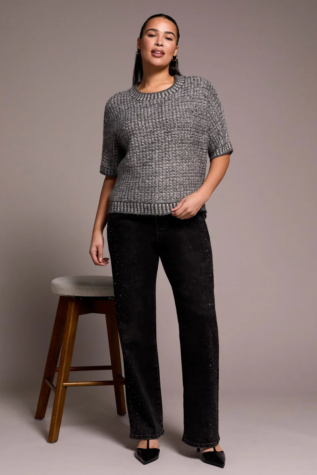 Crew Cap Sleeve Sweater in Charcoal