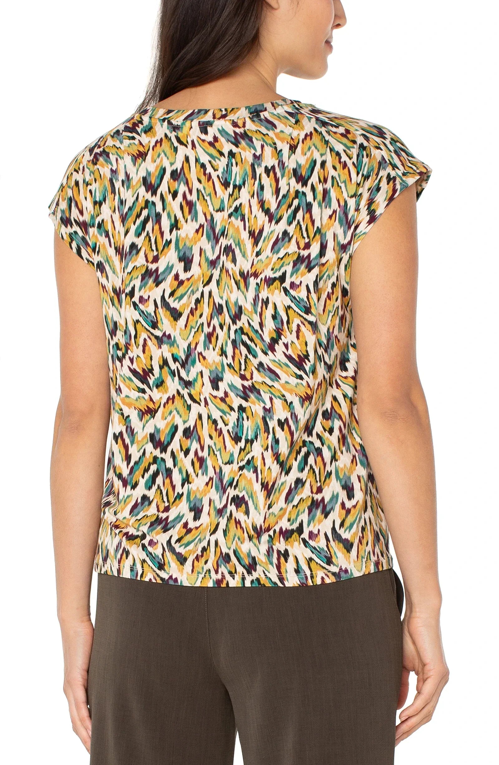 Shoulder Pleat Top in Green Multi Animal